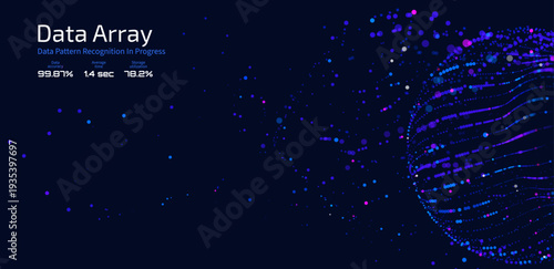 Futuristic data array visualization with flowing particle waves and digital interface representing big data analysis, pattern recognition, artificial intelligence, machine learning vector background