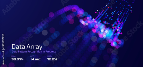 Futuristic data array visualization with flowing particle waves and digital interface representing big data analysis, pattern recognition, artificial intelligence, machine learning vector background