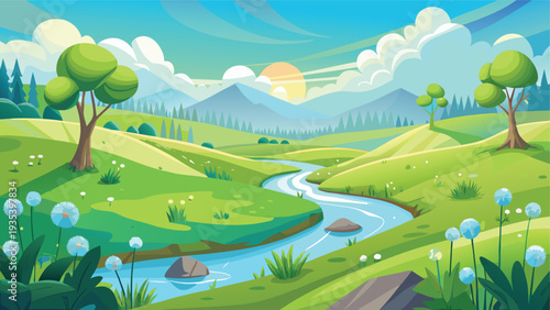 A serene landscape of rolling hills, winding river, and vibrant nature under a clear sky.