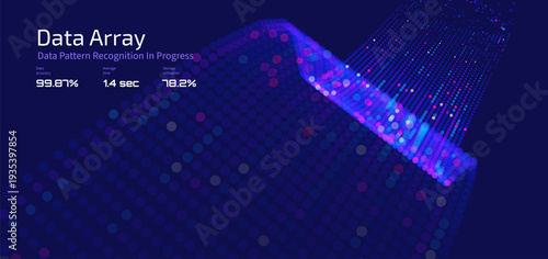 Futuristic data array visualization with flowing particle waves and digital interface representing big data analysis, pattern recognition, artificial intelligence, machine learning vector background