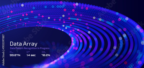 Futuristic data array visualization with flowing particle waves and digital interface representing big data analysis, pattern recognition, artificial intelligence, machine learning vector background
