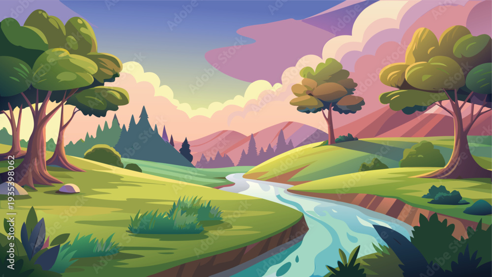 Fototapeta premium A serene fantasy landscape with winding rivers and vibrant forests under a soft sky.