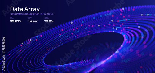 Futuristic data array visualization with flowing particle waves round circle shape frame big data analysis, pattern recognition, artificial intelligence, machine learning vector background