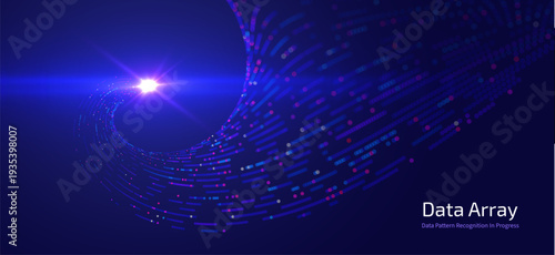 Futuristic data array visualization with flowing particle waves and digital interface representing big data analysis, pattern recognition, artificial intelligence, machine learning vector background