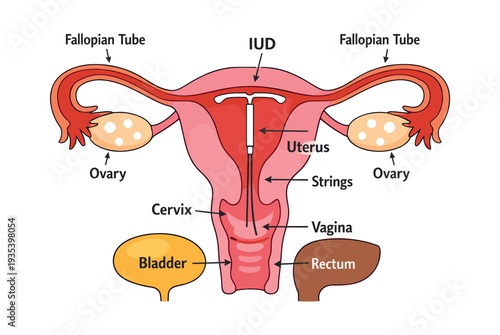 IUD placed in the uterus. Diagram showing female reproductive organs and surrounding anatomy, detailing contraception