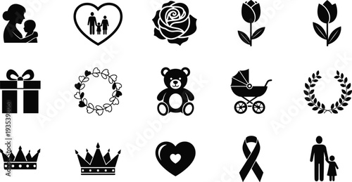 Motherhood, family love and baby care icon set including flowers, teddy bear, stroller, gift box, crowns and ribbon symbols, black silhouette vector collection