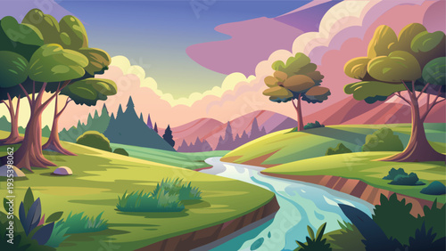 A serene fantasy landscape with winding rivers and vibrant forests under a soft sky.
