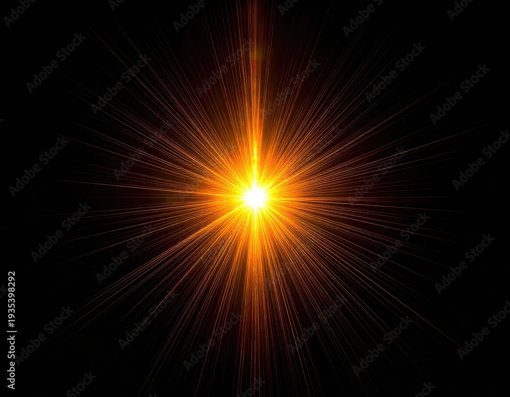 Fototapeta premium Brilliant orange lens flare radiates intensely against a stark black background.