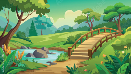 Whimsical forest path leading to an adventurous destination with a sparkling stream.