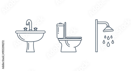 Bathroom Fixtures Icon Set Toilet Sink Shower.