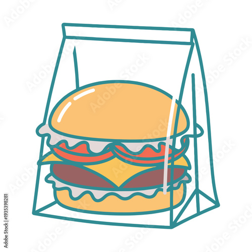Cheeseburger with fresh toppings inside a clear plastic takeout bag for food delivery.