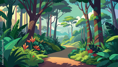 Mystical forest path leading into an enchanting and vibrant woodland wonderland