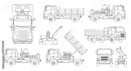 Hydraulic Cargo Truck AutoCAD Blueprint Vector – Multi View Industrial Technical Drawing