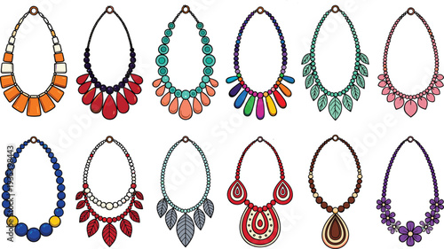 Colorful statement necklace collection set, fashionable women jewelry accessories vector illustration isolated on light background for boutique branding and fashion design