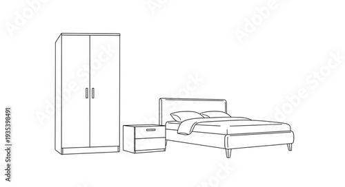 Bedroom furniture sketch with bed wardrobe and nightstand.