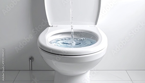 Modern white toilet bowl filling with clean water in a bright bathroom setting.