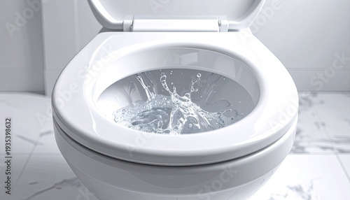 Close-up of a white toilet bowl with water splashing dynamically inside.