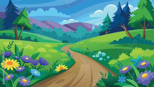 A picturesque winding path through a vibrant, blooming meadow with distant mountains.