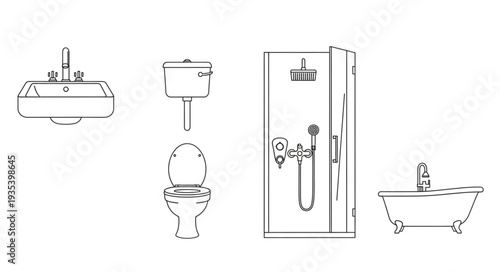 Bathroom Fixtures Line Art Illustration.