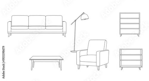Architectural drawings of modern furniture pieces for interior design.