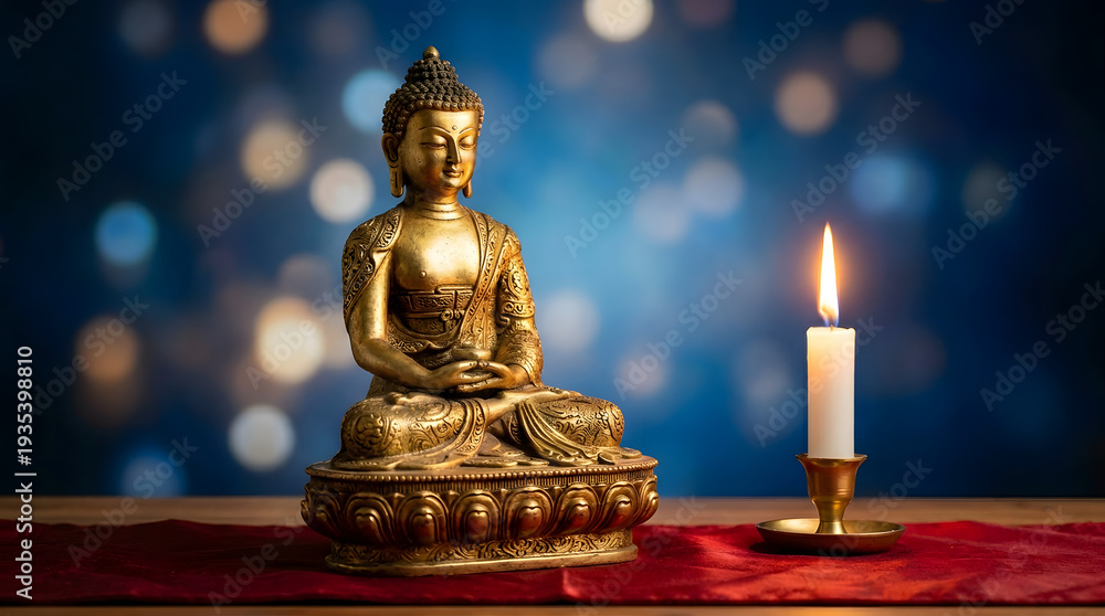 Fototapeta premium Golden Buddha statue meditating peacefully with lit candle