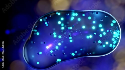 Molecular cell blue color. Moving cell are merging. Close-up photo or view through microscope. Abstract background for about medical and scientific. Animation 3D Render.