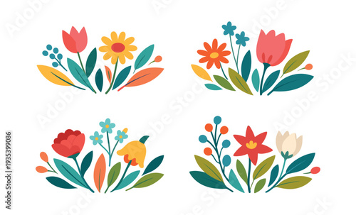 Decorative floral arrangements displaying vibrant flower bouquets, leaves, and berries, perfect for invitations and greeting cards