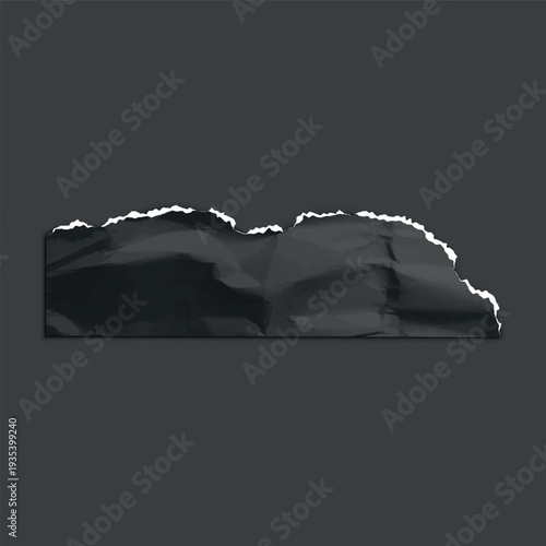 Black crumpled torn paper corner, vector realistic torn sheet of paper rectangle fragment, wrinkled scrap ripped edges