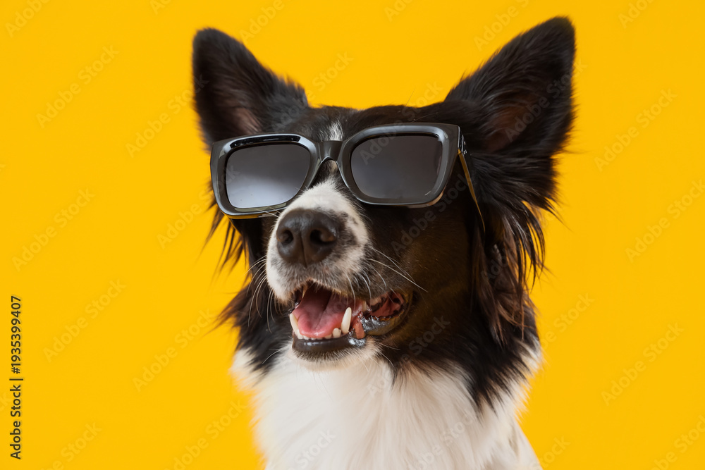 Fototapeta premium Cute Border Collie dog in sunglasses on yellow background, closeup
