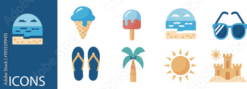 Modern Flat-Colour Summer Vacation Icon Set for Travel and Leisure Lifestyle Designs