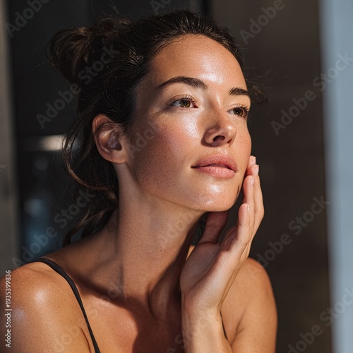Beautiful woman checking her skin during skincare routine. Morning ritual.