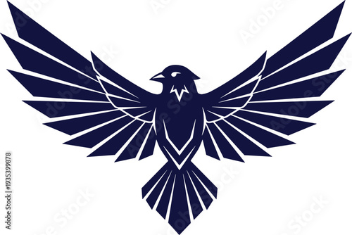 Stylized eagle with spread wings geometric logo design, powerful bird emblem symbolizing freedom, strength and leadership, modern vector icon for branding