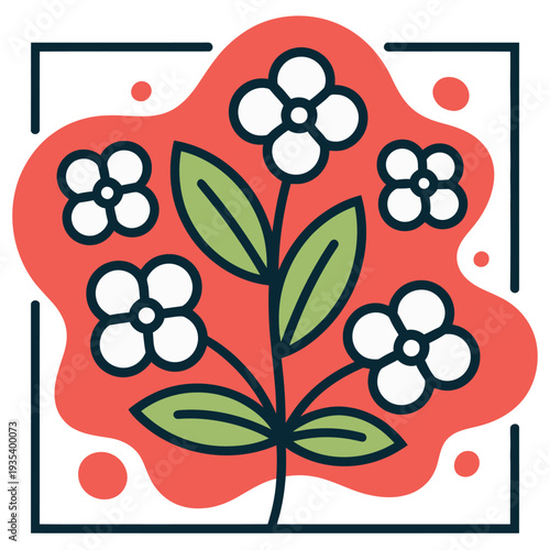Stylized flowering plant graphic features white blossoms against a vibrant reddish backdrop.