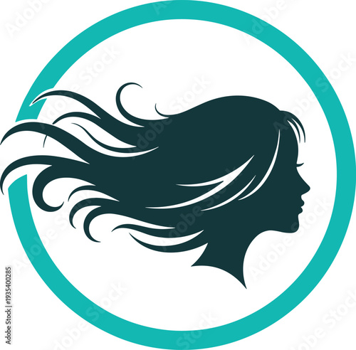 Woman Face Silhouette with Flowing Hair in Circle Frame Vector Illustration Elegant Female Beauty Logo Design for Salon Fashion Branding Isolated