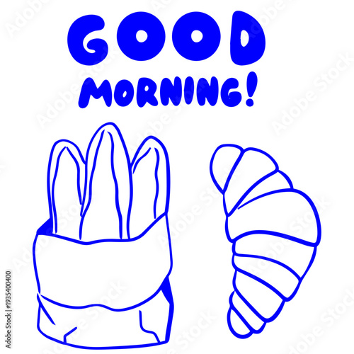 Breakfast doodle illustration with baguette bread in paper bag and croissant, blue hand drawn doodle style good morning concept

