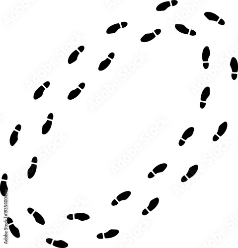 Shoe print circle, black silhouette footprint track round path set isolated on white. Walking person steps, shoe print trail, human boot mark shape. Footwear track collection