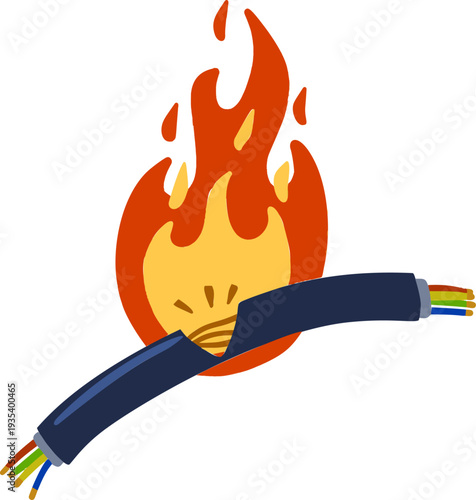 Burning cable, electric wire fire, short circuit damage hazard concept. Electrical cord flame danger, spark energy power accident. Burning cable industrial safety risk, ignite heat equipment.
