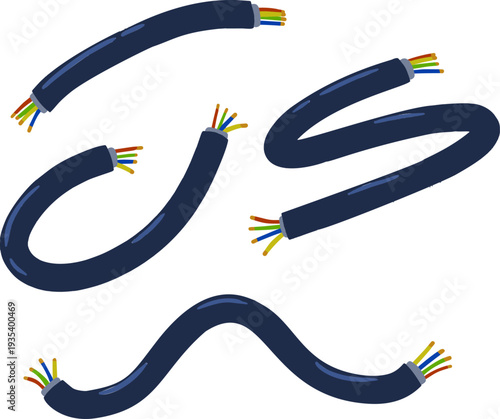 Electric cable, copper wire set, power supply line collection isolated on white. Broken electrical cord part, connection industrial technology element. Electric cable energy equipment.