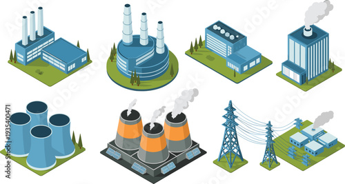 Isometric industrial power plant factories cooling towers and electricity transmission infrastructure energy production facilities vector illustration collection set