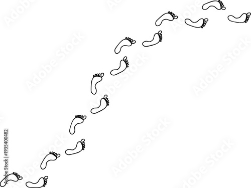 Bare foot track outline, human footprint trail wave path set on white background. Minimalist walking person steps, bare foot track design, simple body part shape. Footprint line art kit