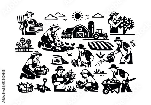 People engaging in various farm activities like planting, watering, harvesting, and collecting fresh produce, showing rural life