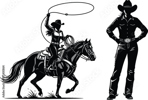Silhouette of Cowgirl Riding Horse with Lasso and Standing Cowgirl woman cowboy