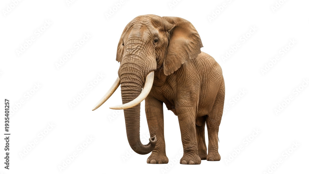Obraz premium Isolated Elephant standing still, majestic and dignified, with big tusks, looking at camera