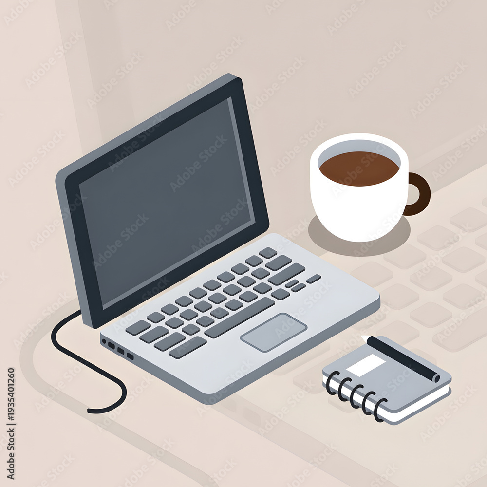 Fototapeta premium Laptop on desk with coffee and notebook, workspace setup, office supplies