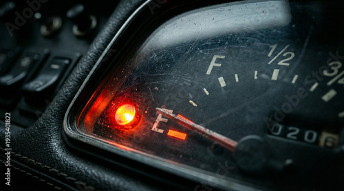 A hyperrealistic macro shot of an old car's fuel gauge showing dangerously low fuel with the red warning light illuminated, emphasizing the urgency of refueling