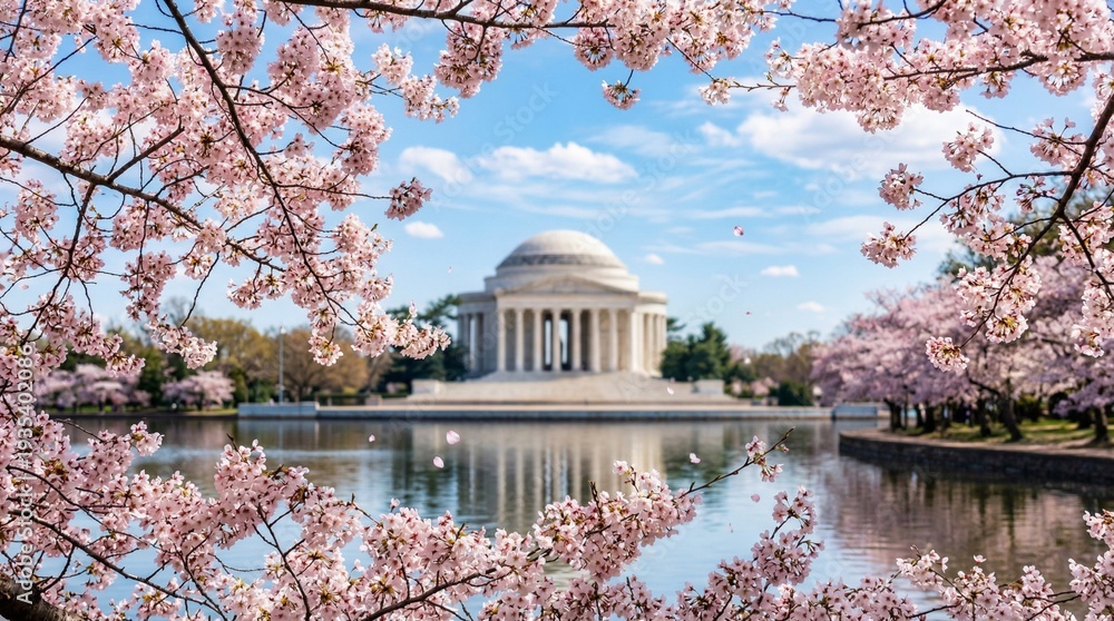 Obraz premium Jefferson Memorial surrounded by blooming cherry blossoms under a bright blue spring sky.