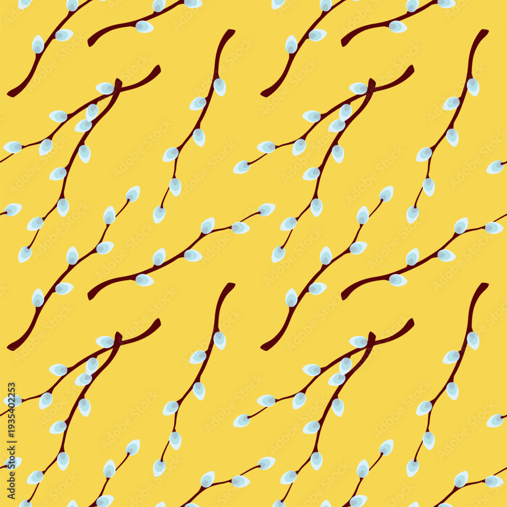 Fototapeta premium colorful spring seamless pattern with pussy willow twigs, vector illustration on yellow background, template for wallpaper, poster, easter wrapping paper, spring decoration, textile, prints
