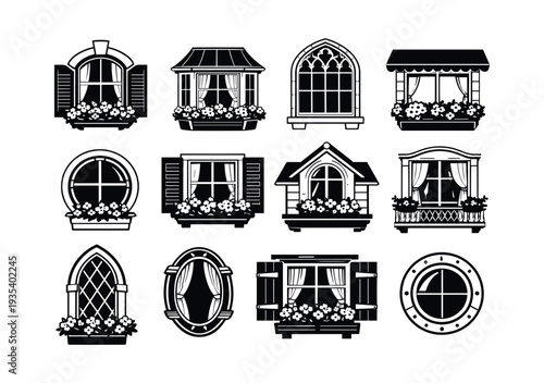 Collection of black and white vector window styles with ornate details. Perfect for architectural design and decoration concepts