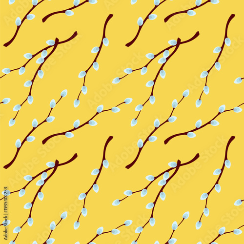 colorful spring seamless pattern with pussy willow twigs, vector illustration on yellow background, template for wallpaper, poster, easter wrapping paper, spring decoration, textile, prints
