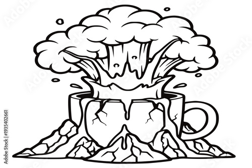 Exploding Coffee Cup with Storm Cloud and Volcano Eruption Concept